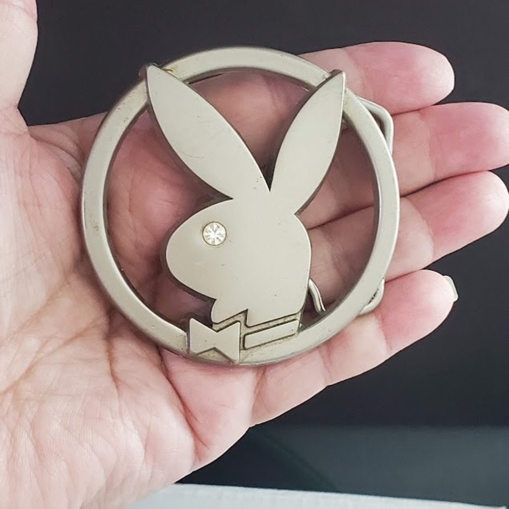PLAYBOY Bunny Logo Rhinestone Silver Tone Round Belt Buckle Vintage Unisex